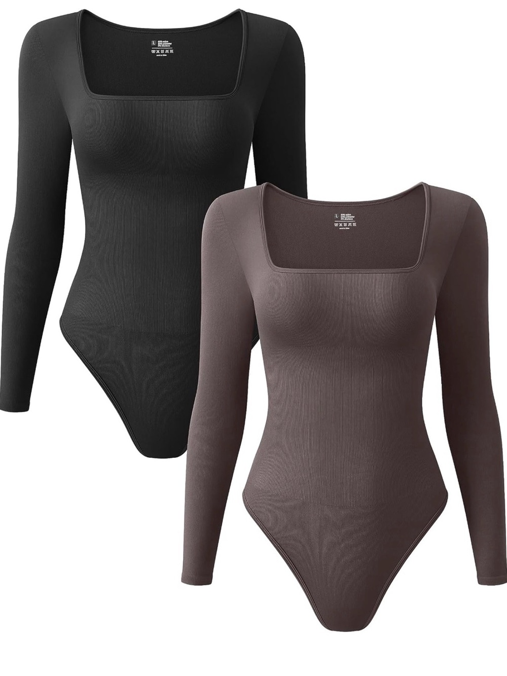 Long-Sleeve Square Neck Bodysuit - Black & Brown